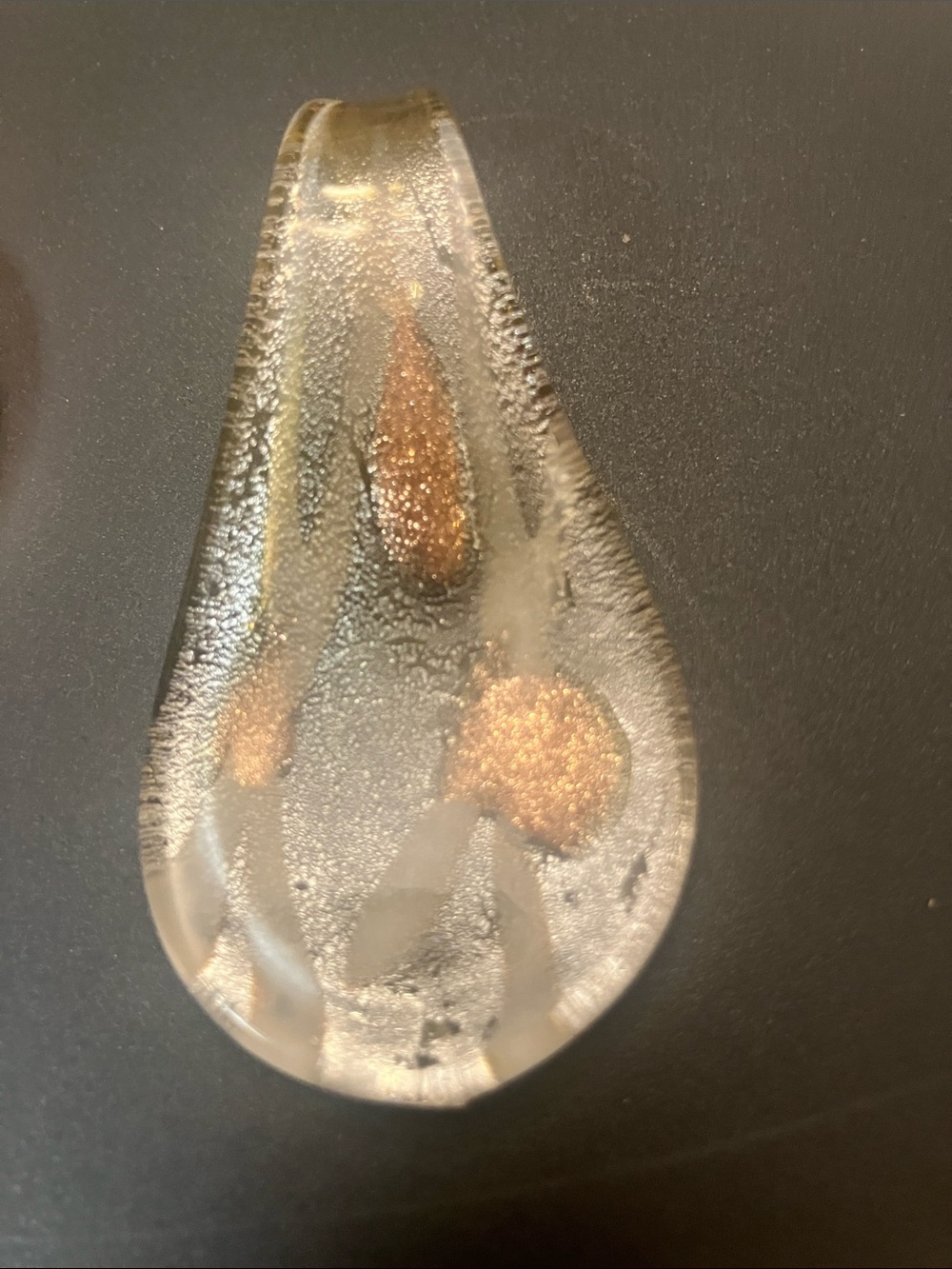 Murano Clear Teardrop Pendant with Gold Sparkling artglass.  Pendant